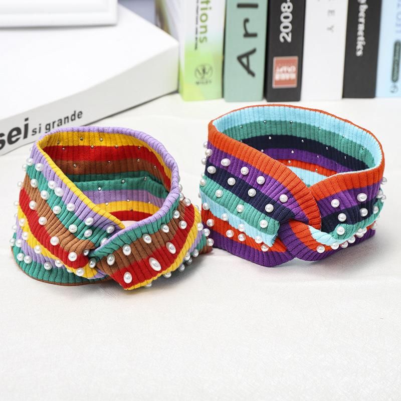 Rainbow Stripe Knit Pearl Hair Band Nhdm157837