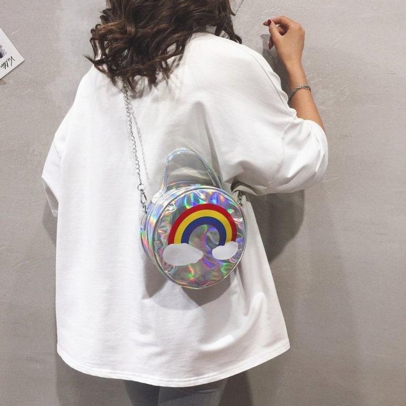 Außenhandel Neue Kreative Lustige Persönlichkeit Regenbogen Laser Kleine Runde Tasche Kosmetik Tasche Mode Bunte Reflektierende Kette Frauen Tasche