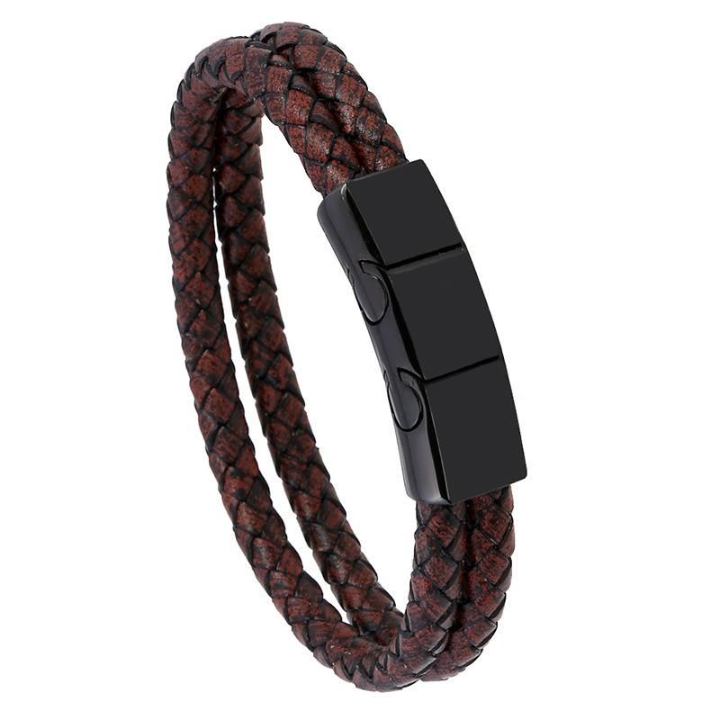 Vente Chaude Minimaliste Créative Tissé En Acier Inoxydable Hommes De Pu Bracelet En Cuir Double Couche Bijoux Étudiant