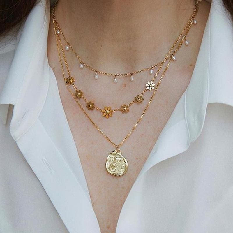 Neue Grenz Überschreitende Europäische Und Amerikanische Mode Legierung Perlen Blumen Halskette Geometrische Gesicht Mehr Schicht Ige Halskette Halskette