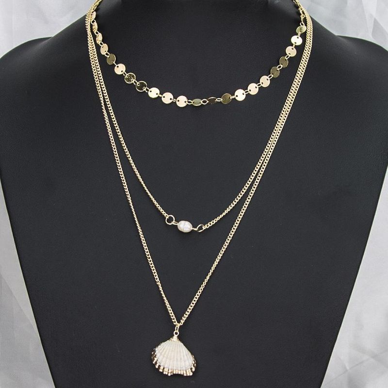 New Fashion Alloy Sequins Pearl Conch Necklace