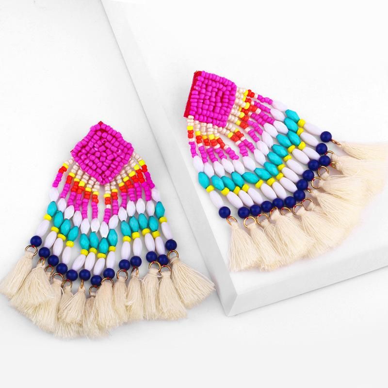 Bohemian Hand-woven Long Geometric Rice Beads Tassel Earrings