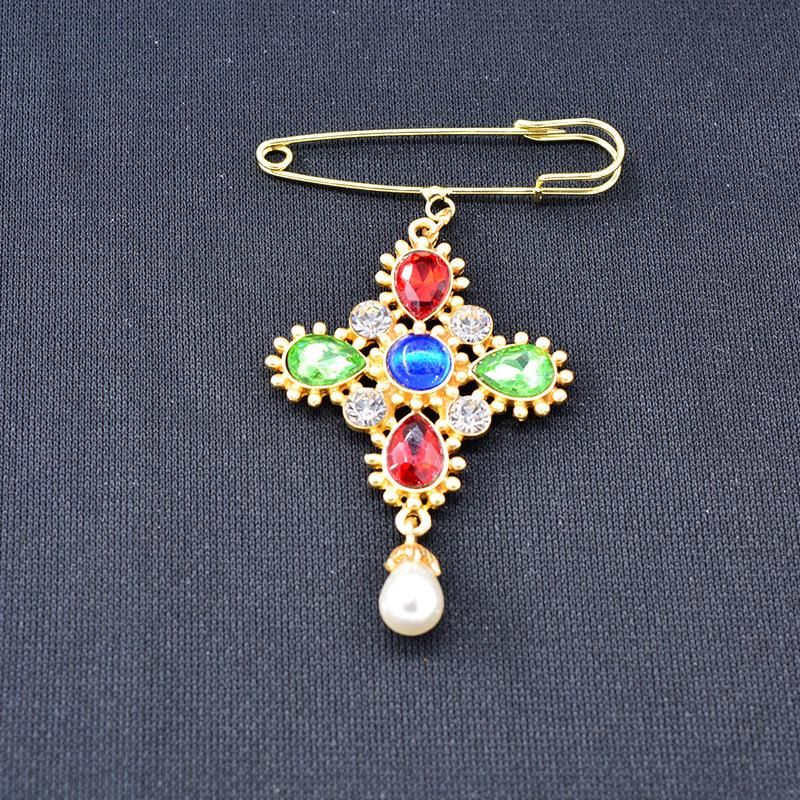 Retro Cross Crystal Brooch Anti-lighting Pin