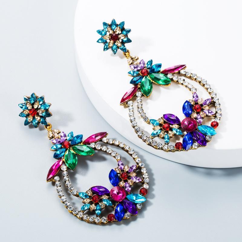 European And American Personality Color National Wind Wave Simia Female Alloy Color Rhinestone Earrings