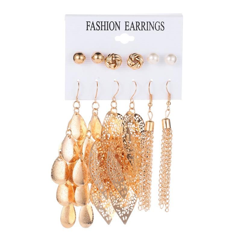Fashion Hollow Leaves Simple Pearl Tassel Earrings Set