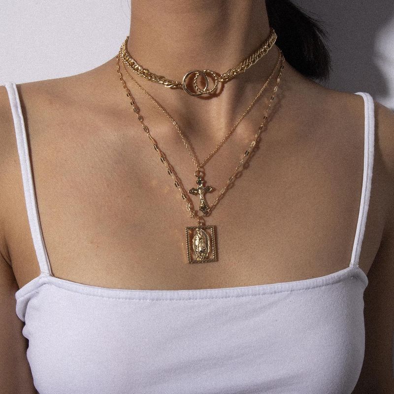 Creative Cross Vintage Multilayer Double Ring Embossed Jesus Necklace