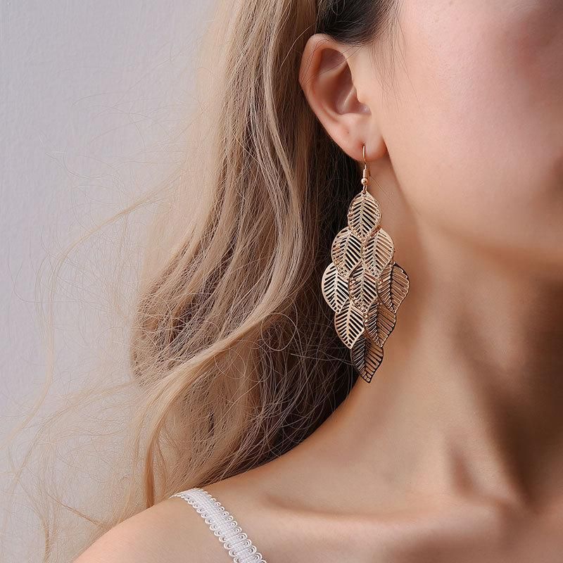 Fashion Ol Simple Gold And Silver Multi-layer Hollow Leaf Earrings