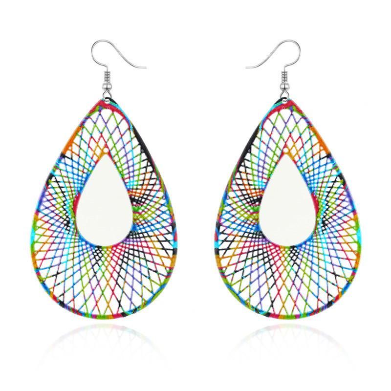 Geometric Colorful Openwork Carved Leaves Big Earrings Retro