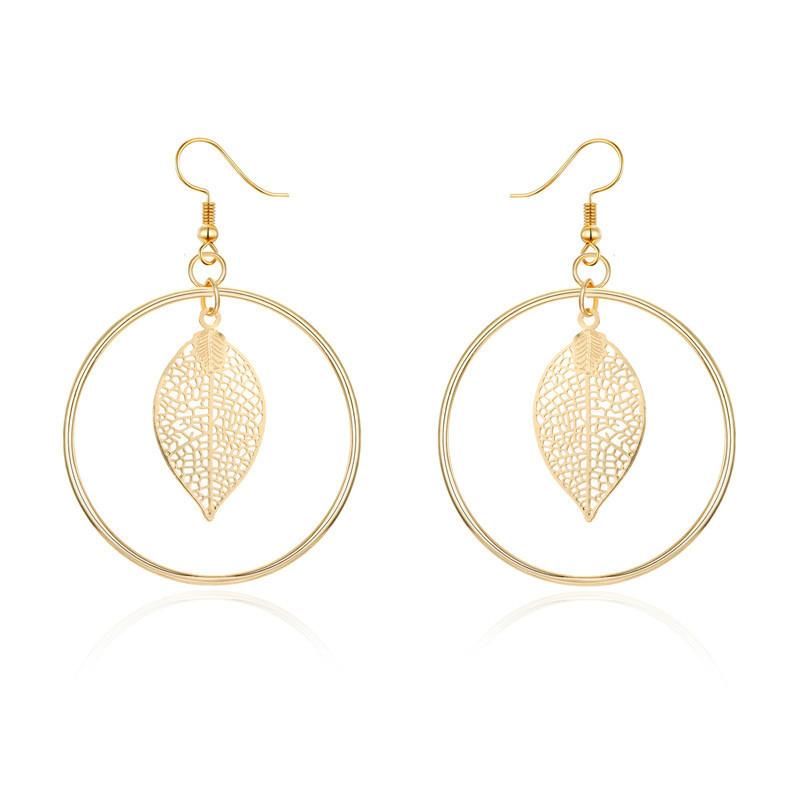 New Charm Gold And Silver Round Openwork Leaves Big Earrings Retro