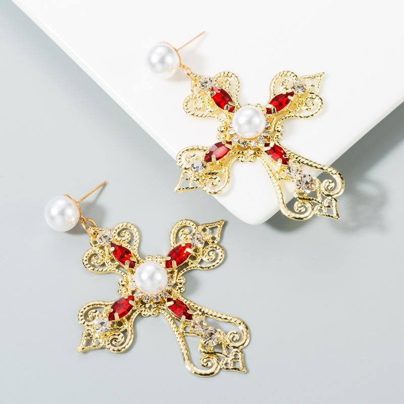 Earrings Women's Fashion Retro Baroque Diamond Cross Long Paragraph With Pearl Earrings