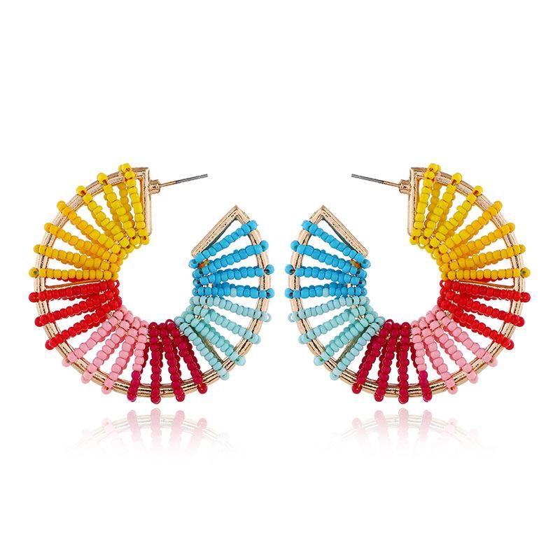 European And American Fashion Retro Fan-shaped Hollow Rice Beads Explosion Earrings
