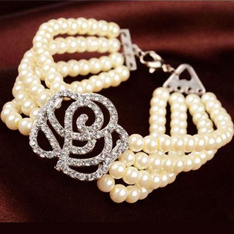 Fashion Artificial Gemstone Rose Four-layer Pearl Stretch Bracelet
