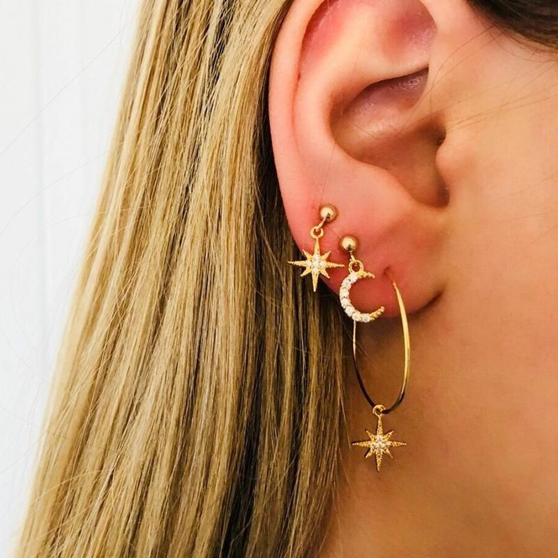 Asymmetrical Star Moon Two Pairs Stud Earrings Fashion Star Moon Long Earrings