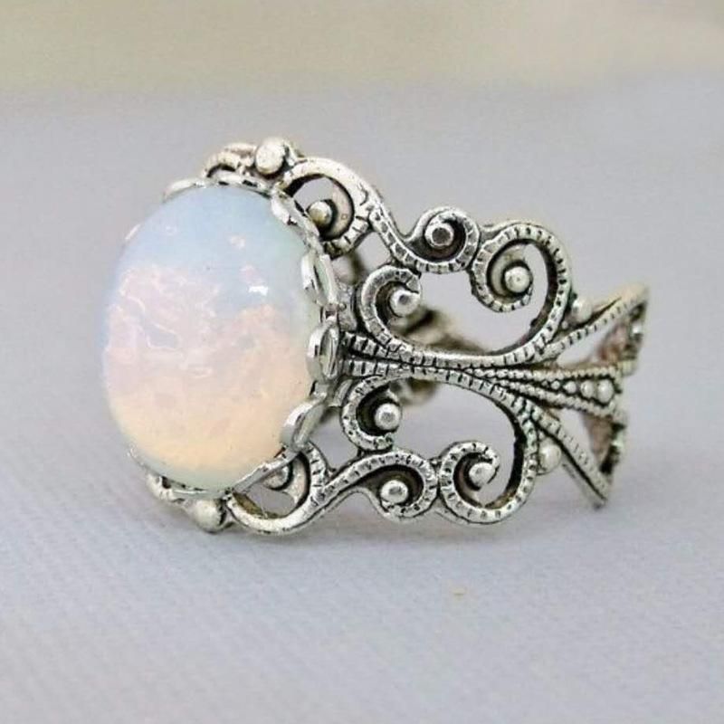 Retro Openwork White Large Gemstone Ring Opening Adjustable Rings Unisex