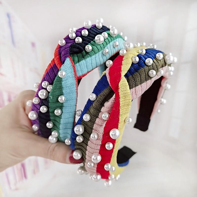 Koreanische Einfache Und Vielseitige Regenbogen Perlen Haarkarte Gestreifte Strick Garn Breite Gesichts Wasch Stirnband Grenz Überschreiten Der E-commerce