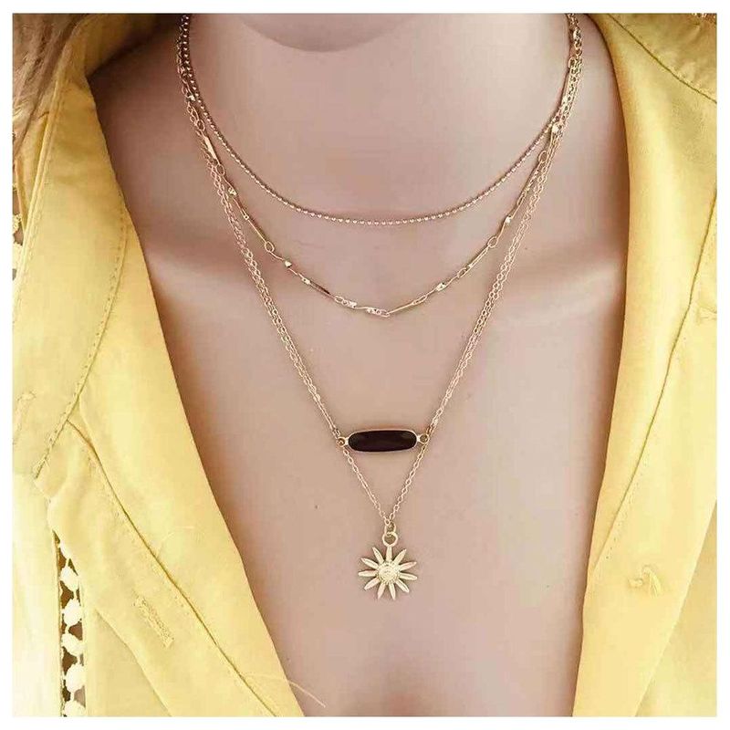 Personalized Accessories, Sun Flower Pendant, Multi-layer Necklace Female