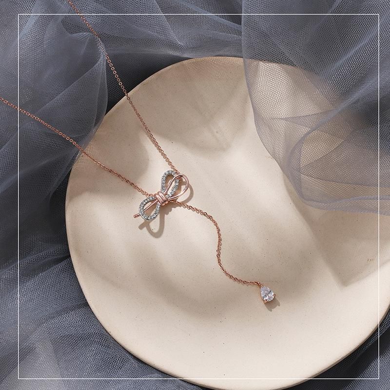 Elegante Y Minimalista Delicado Collar De Diamantes Con Lazo Nhdp155997