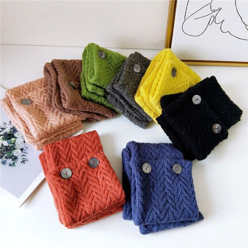 Button Solid Color Scarf Long Knitted Woolen Scarf Student Warm Bib Fashion