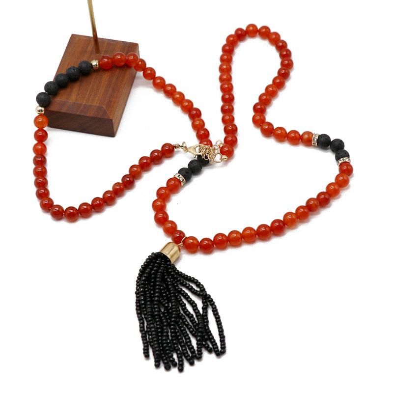Red Agate Stone Bead Necklace Sweater Chain Handmade Tassel Beaded Necklace Necklace