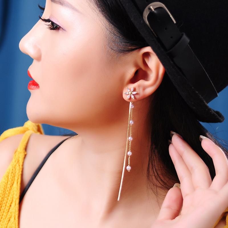 De980138 Super Fairy Long High-end-ohrringe Weibliche Japanische Und Koreanische Wald Perlen Quaste Ohrringe Internet-promi-blumen Ohrringe