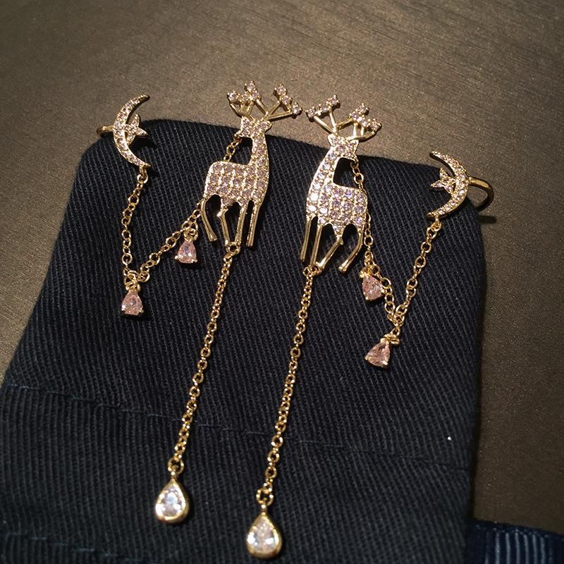 S925 Silver Needle Christmas Deer Long Tassel Earrings Pink Star Moon Ear Bone Clip Earrings