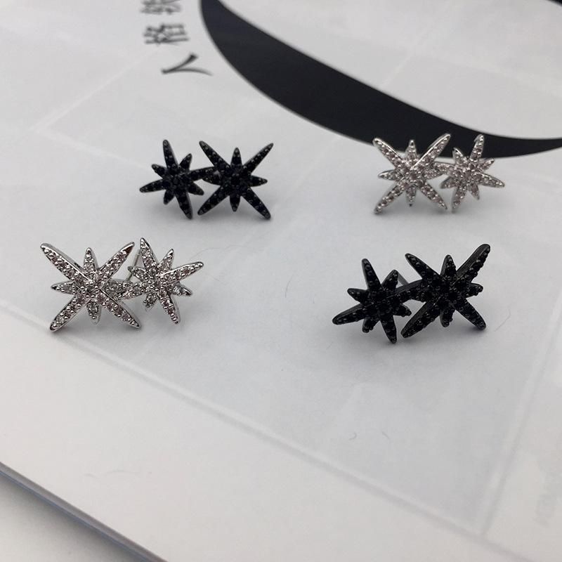 S925 Silver Needle Double Rice Word Eight-pointed Star Stud Earrings Crystal Diamond Double Meteor Earrings Earrings