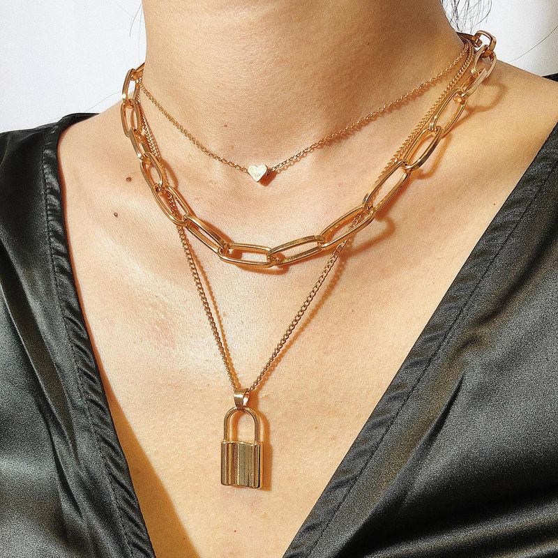 Vintage Multi-layer Geometric Lock Love Necklace Nhxr156817