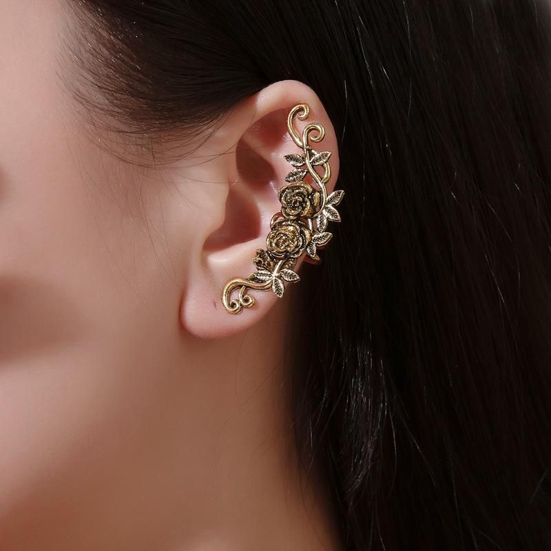 Ethnischer Stil Alte Ohrringe Retro Geschnitzte Damen Einfache Ohr Knochen Clip Temperament Metall Rose Geometrische Ohr Clip