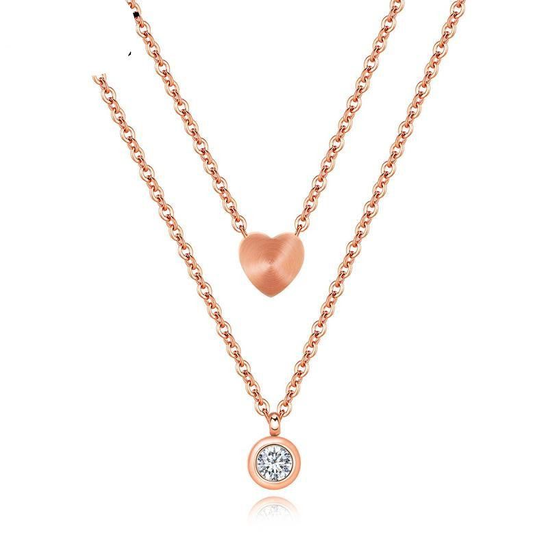 Titanium Steel Rose Gold Double-layer Love Heart-shaped Diamond Necklace Clavicle Chain