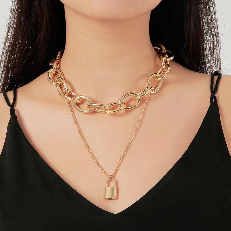 New Jewelry Punk Exaggerated Double Chain Necklace Vintage Lock Necklace