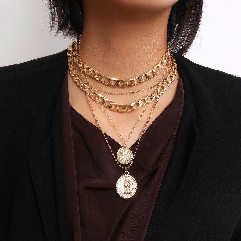 Jewelry Geometric Thick Chain Item Decoration Female Retro Portrait Coin Multi-layer Tassel Necklace