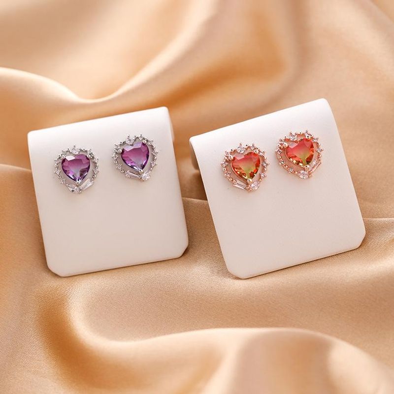 S925 Pendientes De Piedras Preciosas De Cristal De Circonita Plateada De Moda Micro-set Coloridos Pendientes En Forma De Corazón
