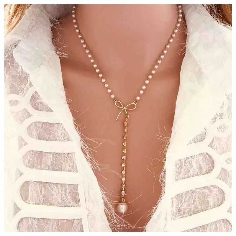 Bow Pearl Pendant Temperament Super Flash Small Diamond Clavicle Chain Necklace Necklace Female