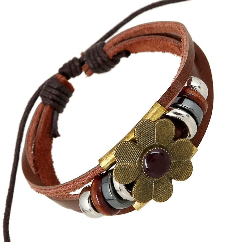 Handmade String Beads Woven Leather Bracelet Alloy Flower Bracelet Wholesale