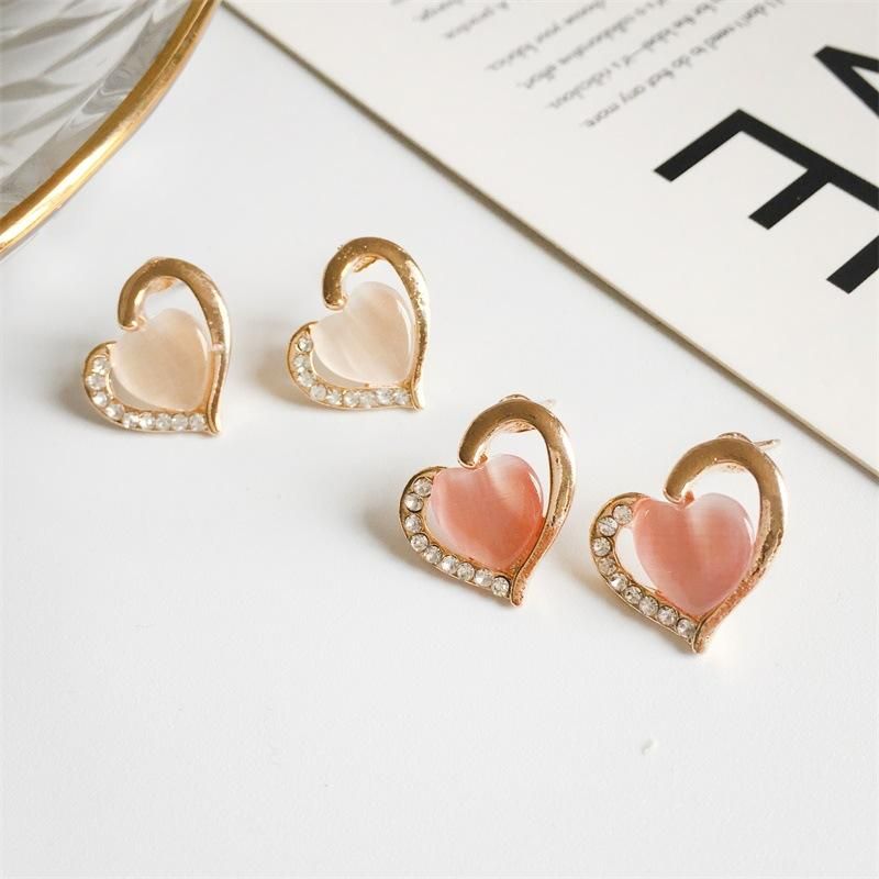 Rhinestone Opal Earrings Half Heart Diamond Stud Earrings