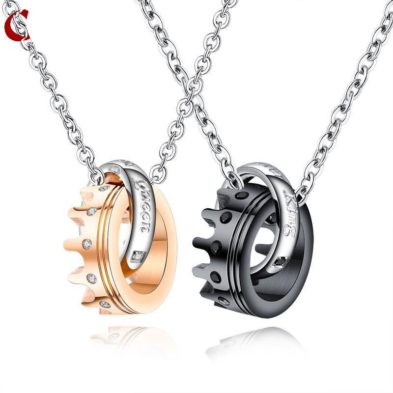 His Queen Her King Titanium Steel Couple Necklace With Diamond Crown Pendant Tanabata Item Wholesale Fashion