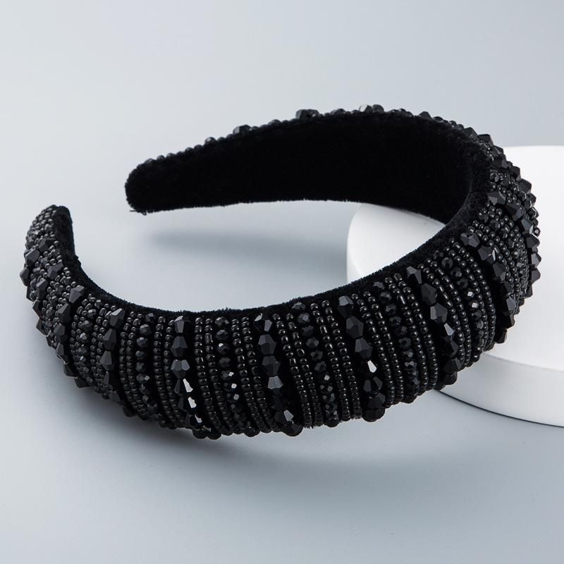 Diadema Femenina De Gama Alta Simple De Ala Ancha De Moda Hecha A Mano Con Esponja Moldeada Con Diadema De Cristal Negro