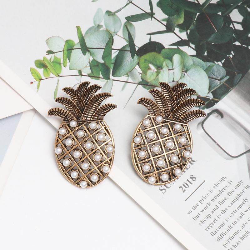 New Pineapple Earrings Female Long Retro Bronze Diamond Earrings