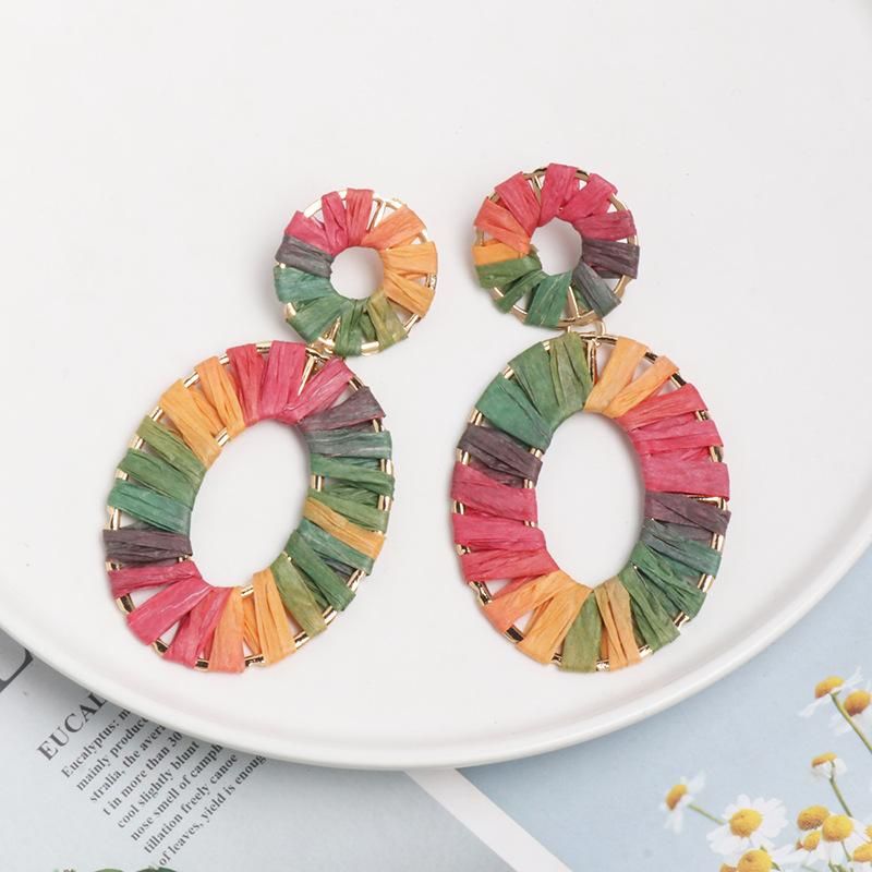 Earrings Jewelry Alloy Dyed Color Rafia Weave Female Earrings Geometric New Style
