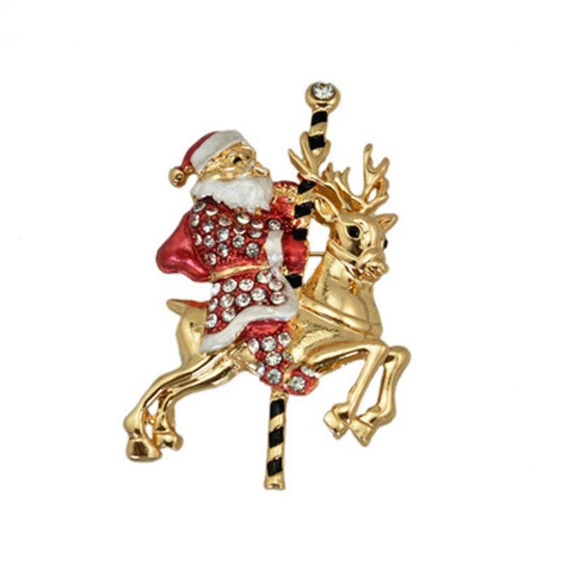 Christmas Brooch Santa Claus Riding Deer Brooch With Diamond Drop Oil Gift Brooch