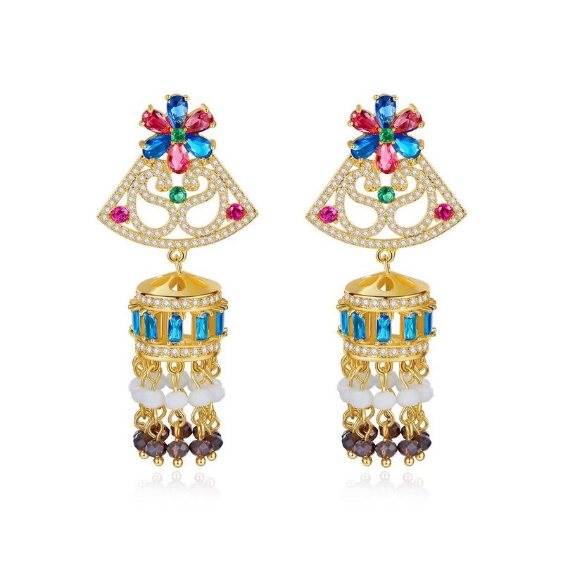 Stud Earrings Retro Palace Color Tassel Wind Chimes Women's Copper Inlaid Zirconium National Wind Earrings