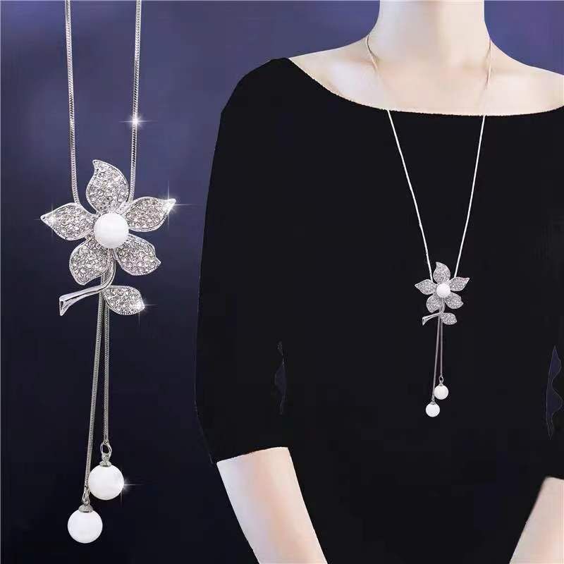 Exquisite Korean Fashion Metal Flash Diamond Small Flower Drop Ear Pearl Long Necklace / Sweater Chain