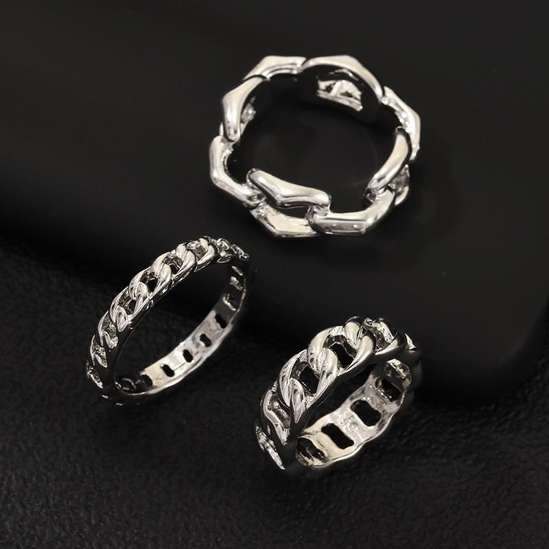 New Retro Punk Style Ring Silver Thick Chain Ring 3 Piece Set