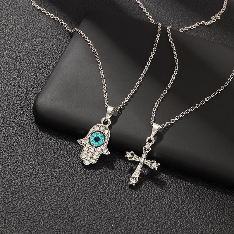 Creative Simple Cross Necklace Retro Eyes Studded With Diamond Pendant Wholesales Fashion