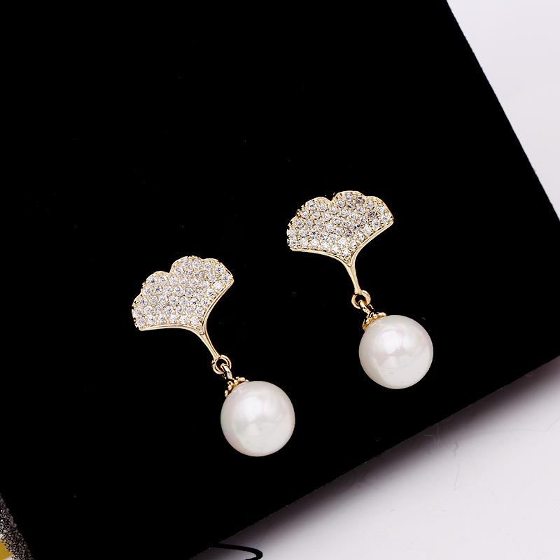 Ginkgo Leaf Zircon Pendientes S925 Silver Needle Pearl Stud Aretes Para Mujer