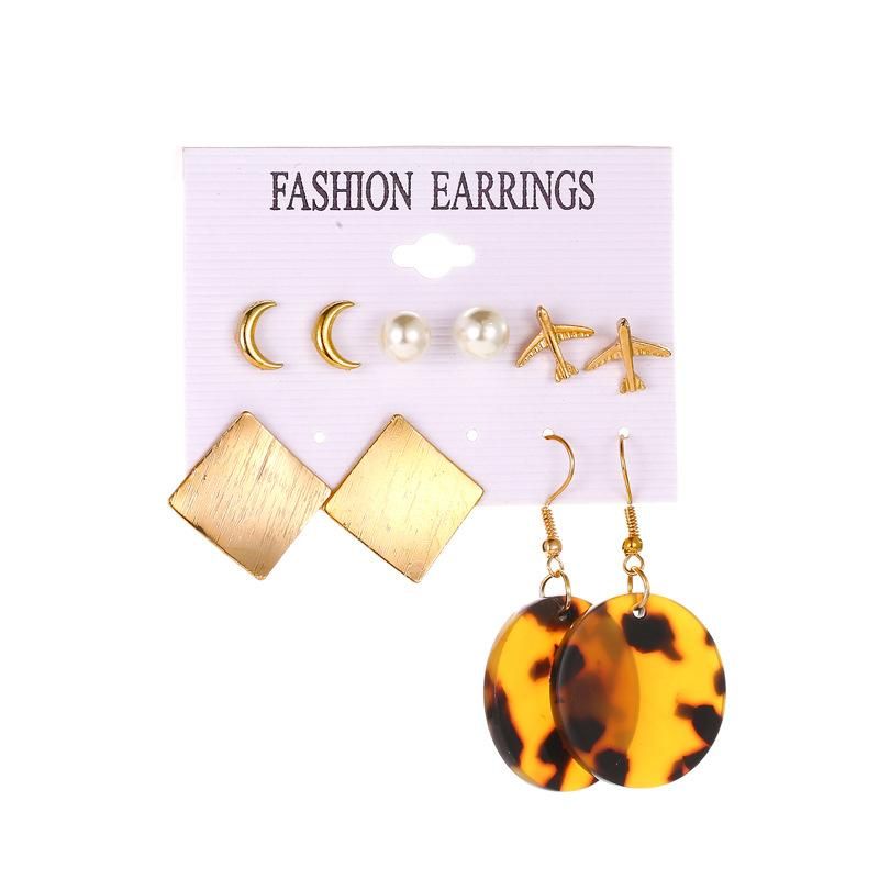 Wholesale Fashion Jewelry Round Acetate Leopard Card Earrings 5 Pairs Of Aircraft Geometric Earrings