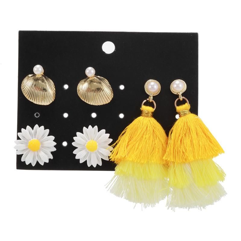 Wholesale Fashion Jewelry New Flower Yellow Tassel 3 Pair Earrings Set