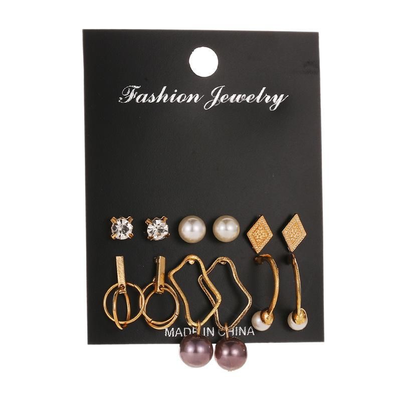 Set Aretes Para Mujer Fashion Pearl Geometric Earrings 6 Pares Stud Earrings