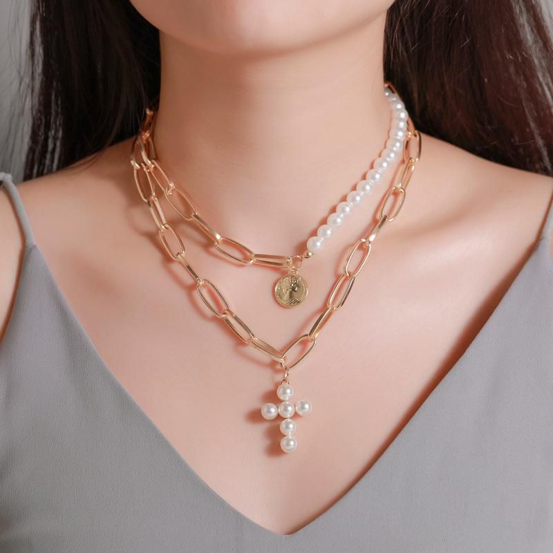 New Money Decoration Exaggerated Pearl Cross Necklace Female Thick Chain Multi-layer Round Portrait Pendant