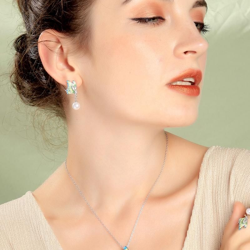 Sterling Silver Earrings Korean Crystal Diamond Butterfly Earrings New Pearl Earrings